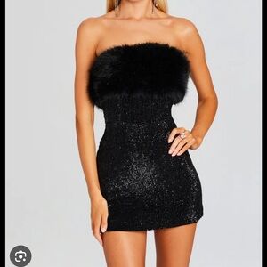 Retrofete Black Sequin Mini Dress with Pink Feather Trim